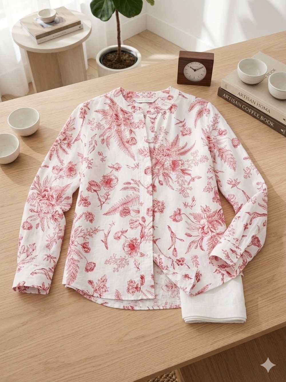Talbots White Button-Down Shirt with Red Floral Print